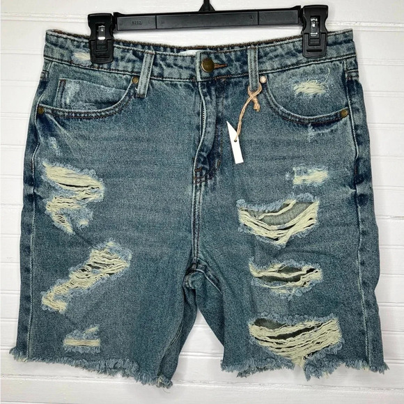 PTCL Women's Distressed High-Rise Denim Mid Thigh Shorts Blue Size 28 - Picture 2 of 13